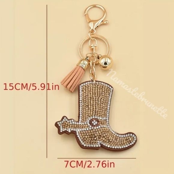 Western Boot Crystal Rhinestone Keychain Bag Charm With Tan Tassel - Picture 6 of 17